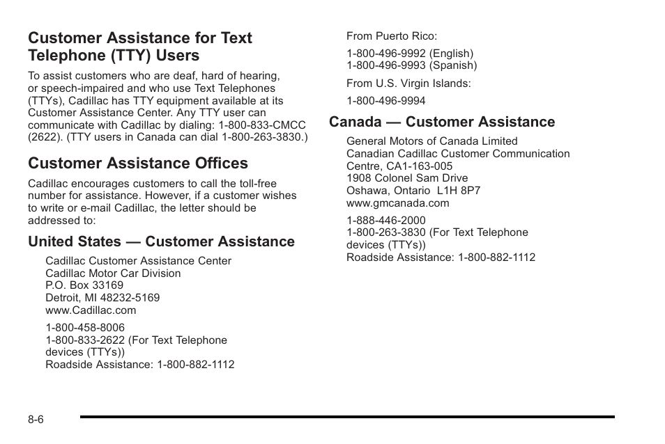 Customer assistance for text telephone (tty) users, Customer assistance offices, Customer assistance for text telephone (tty) | Users -6, Customer assistance offices -6, Reporting, United states — customer assistance, Canada — customer assistance | Cadillac 2010 STS User Manual | Page 510 / 536