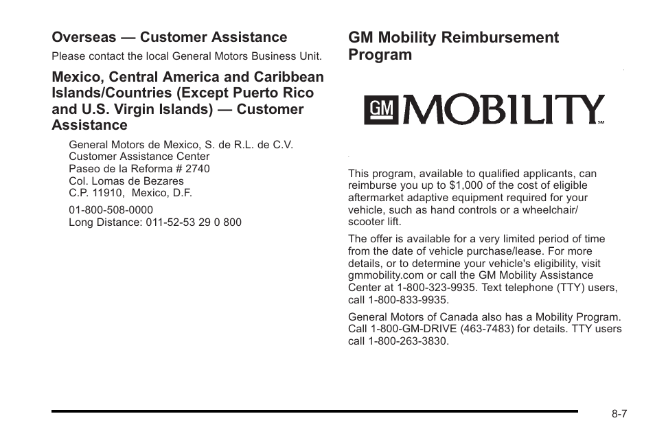 Gm mobility reimbursement program, Gm mobility reimbursement program -7, Overseas — customer assistance | Cadillac 2010 STS User Manual | Page 511 / 536