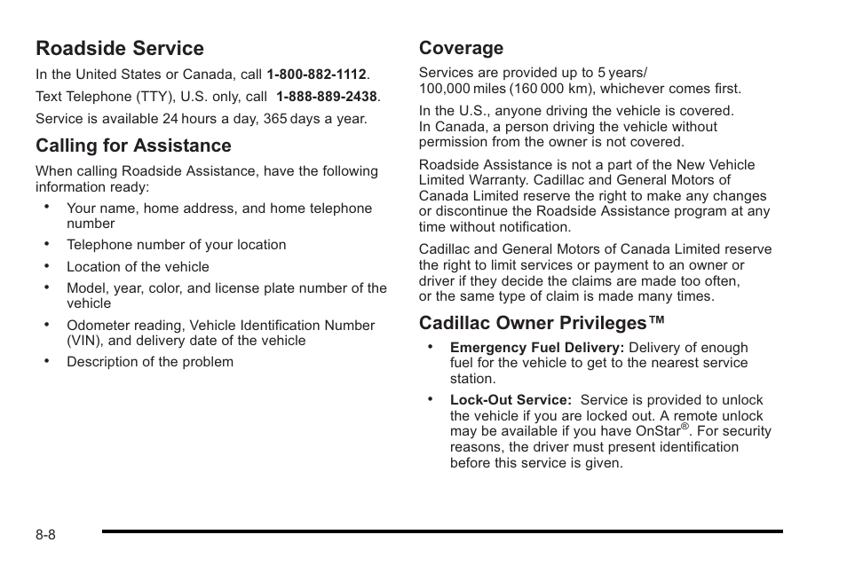 Roadside service, Roadside service -8, Vehicle data | Calling for assistance, Coverage, Cadillac owner privileges | Cadillac 2010 STS User Manual | Page 512 / 536