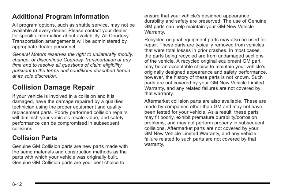 Collision damage repair, Collision damage repair -12, Navigation | Additional program information, Collision parts | Cadillac 2010 STS User Manual | Page 516 / 536