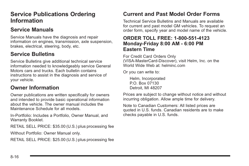 Service publications ordering information, Service publications ordering information -16, Service manuals | Service bulletins, Owner information, Current and past model order forms | Cadillac 2010 STS User Manual | Page 520 / 536