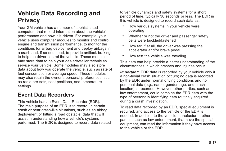 Vehicle data recording and privacy, Event data recorders, And privacy -17 | Recording and privacy -17, Event data recorders -17 | Cadillac 2010 STS User Manual | Page 521 / 536
