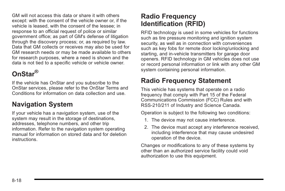 Onstar, Navigation system, Radio frequency identification (rfid) | Radio frequency statement | Cadillac 2010 STS User Manual | Page 522 / 536
