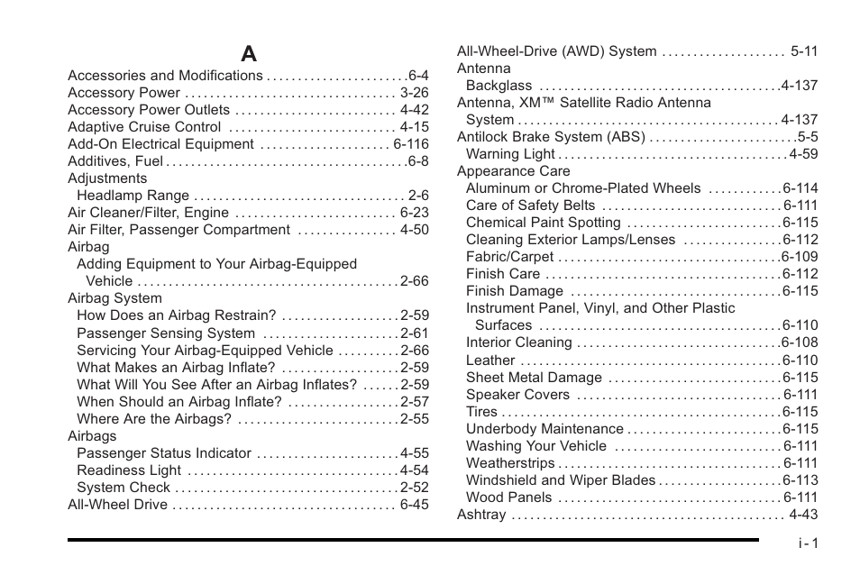 Index, Index_a | Cadillac 2010 STS User Manual | Page 523 / 536