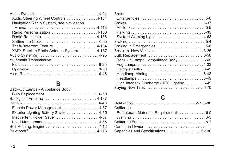 Index_b, Index_c | Cadillac 2010 STS User Manual | Page 524 / 536