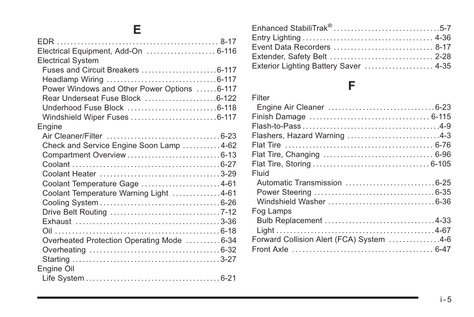 Index_e, Index_f | Cadillac 2010 STS User Manual | Page 527 / 536