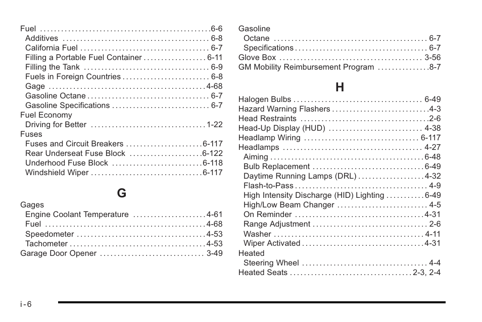 Index_g, Index_h | Cadillac 2010 STS User Manual | Page 528 / 536