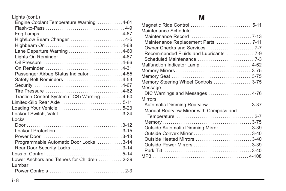 Index_m | Cadillac 2010 STS User Manual | Page 530 / 536