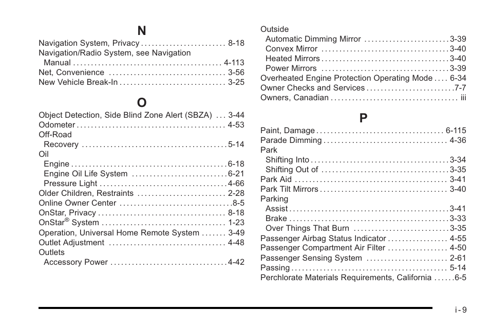 Index_n, Index_o, Index_p | Cadillac 2010 STS User Manual | Page 531 / 536