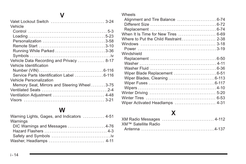Index_v, Index_w, Index_x | Cadillac 2010 STS User Manual | Page 536 / 536