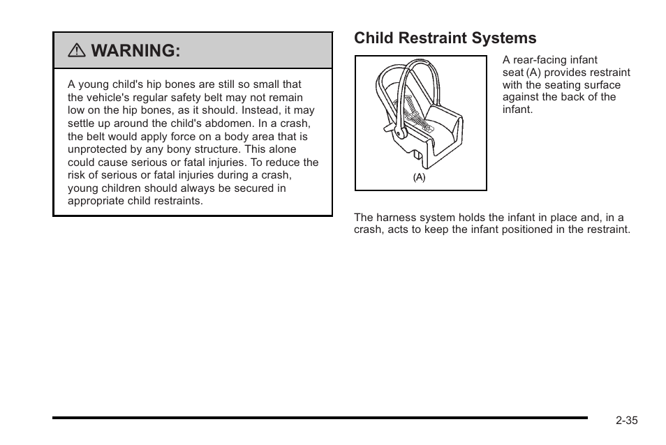 Child restraint systems, Child restraint systems -35, Warning | Cadillac 2010 STS User Manual | Page 65 / 536