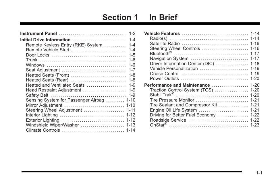 In brief, In brief -1 | Cadillac 2010 STS User Manual | Page 7 / 536