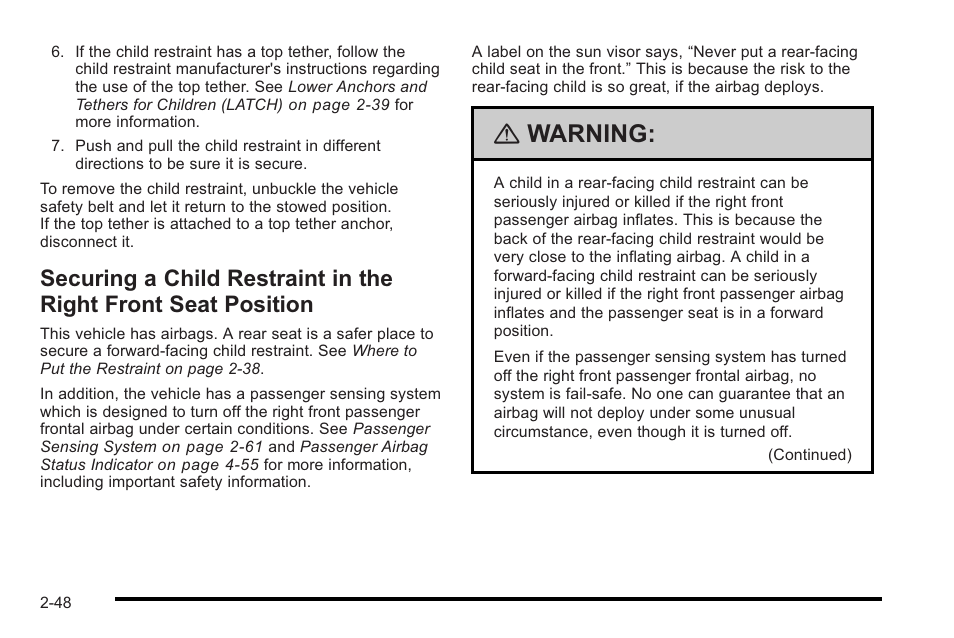 Securing a child restraint in the right front, Seat position -48, Warning | Cadillac 2010 STS User Manual | Page 78 / 536