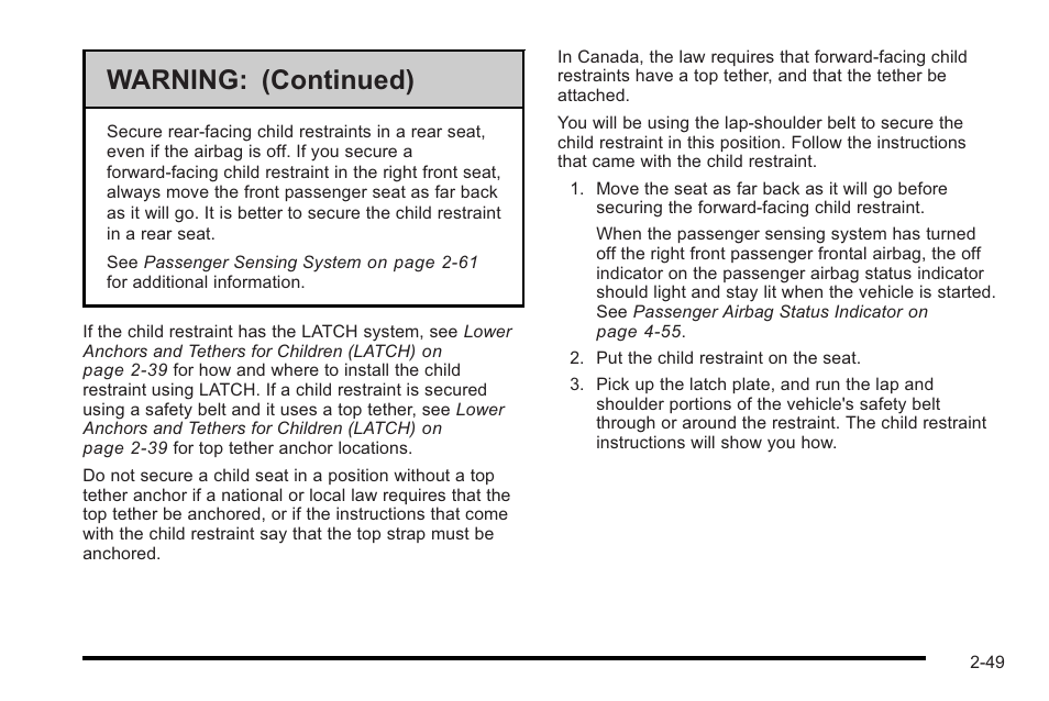 Warning: (continued) | Cadillac 2010 STS User Manual | Page 79 / 536