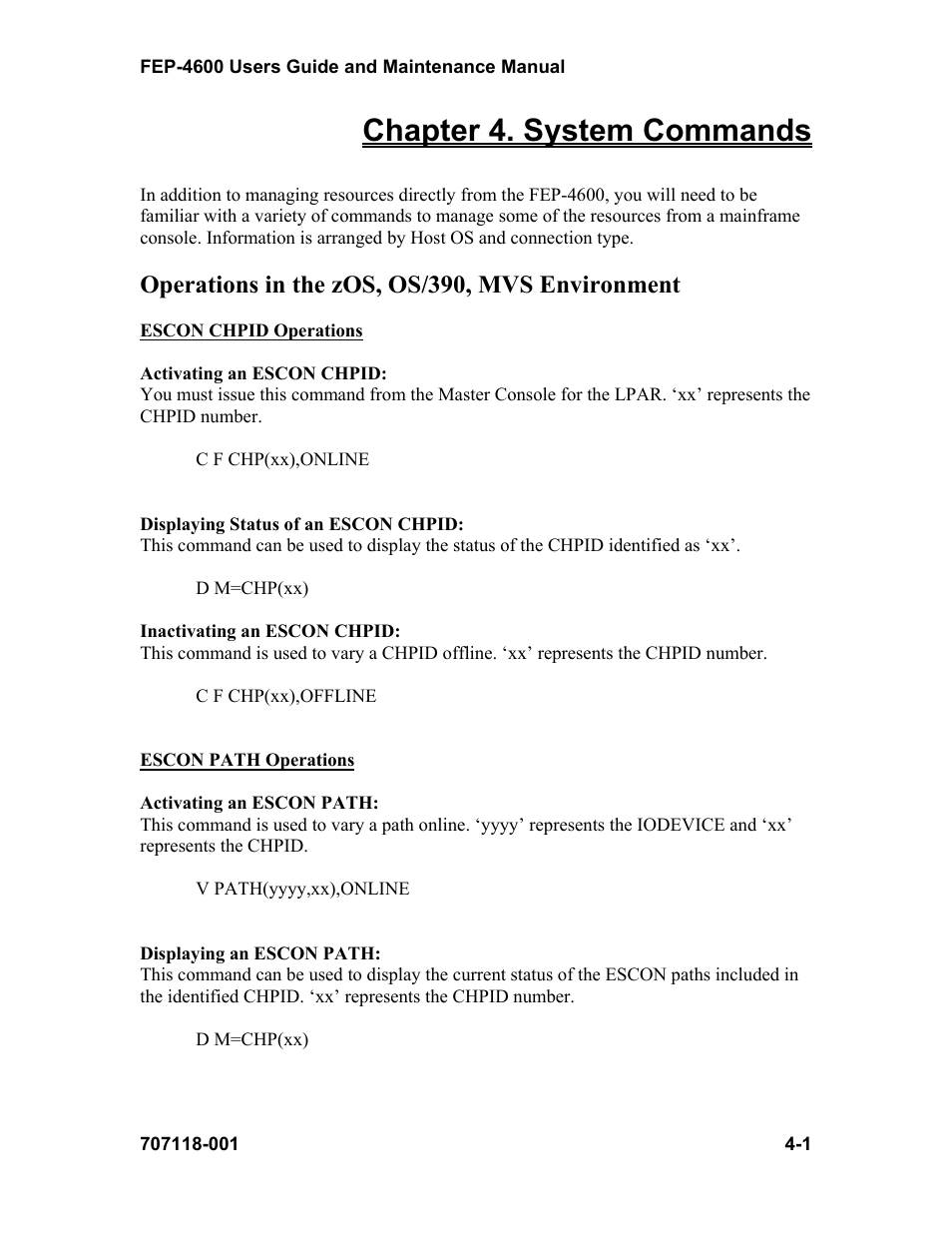 Chapter 4. system commands, Operations in the zos, os/390, mvs environment | Visara FEP-4600 User Manual | Page 55 / 79