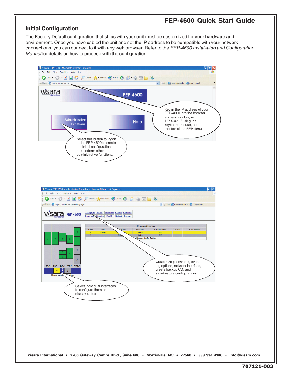 Fep-4600 quick start guide, Initial configuration | Visara FEP-4600 Quick Start User Manual | Page 2 / 2