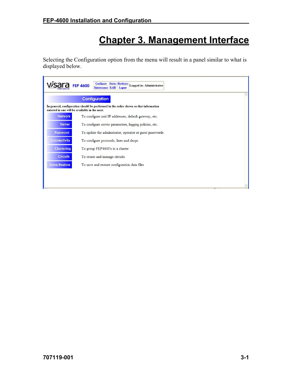 Chapter 3. management interface | Visara FEP-4600 Installation User Manual | Page 25 / 114