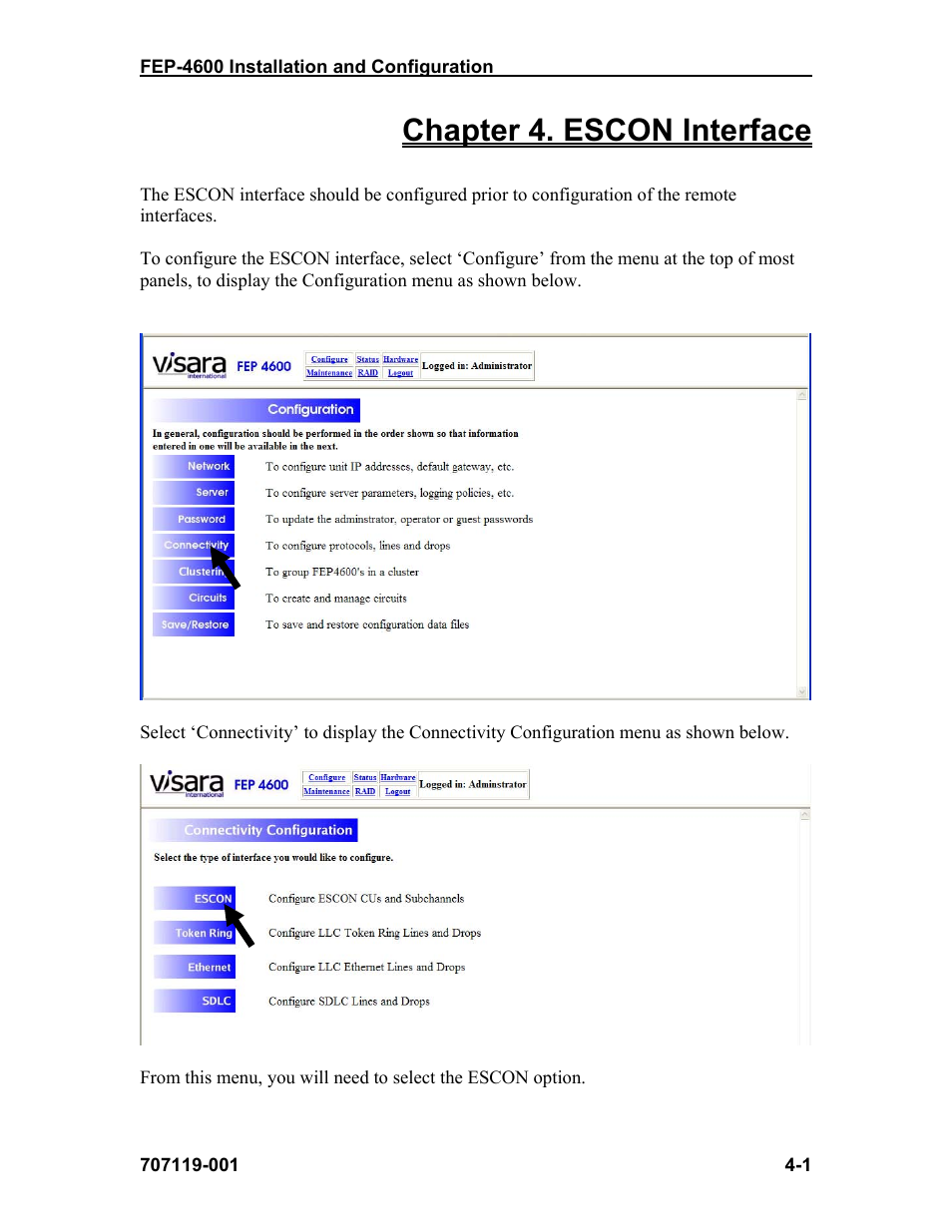 Chapter 4. escon interface | Visara FEP-4600 Installation User Manual | Page 37 / 114