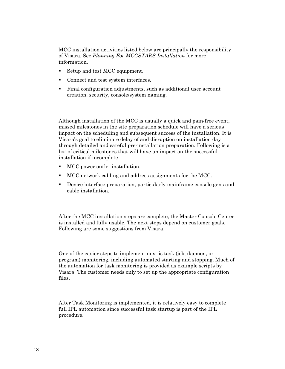 Mcc installation, Critical milestones, What’s after installation | Task monitoring, Startup/ipl, Task monitoring startup/ipl | Visara Master Console Center Installation User Manual | Page 18 / 52