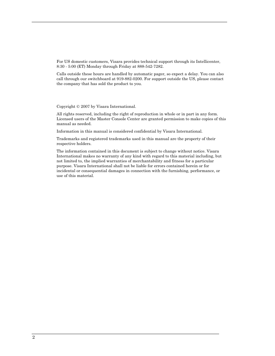 Technical support, Contacting the visara intellicenter, Notices | Visara Master Console Center Installation User Manual | Page 2 / 52