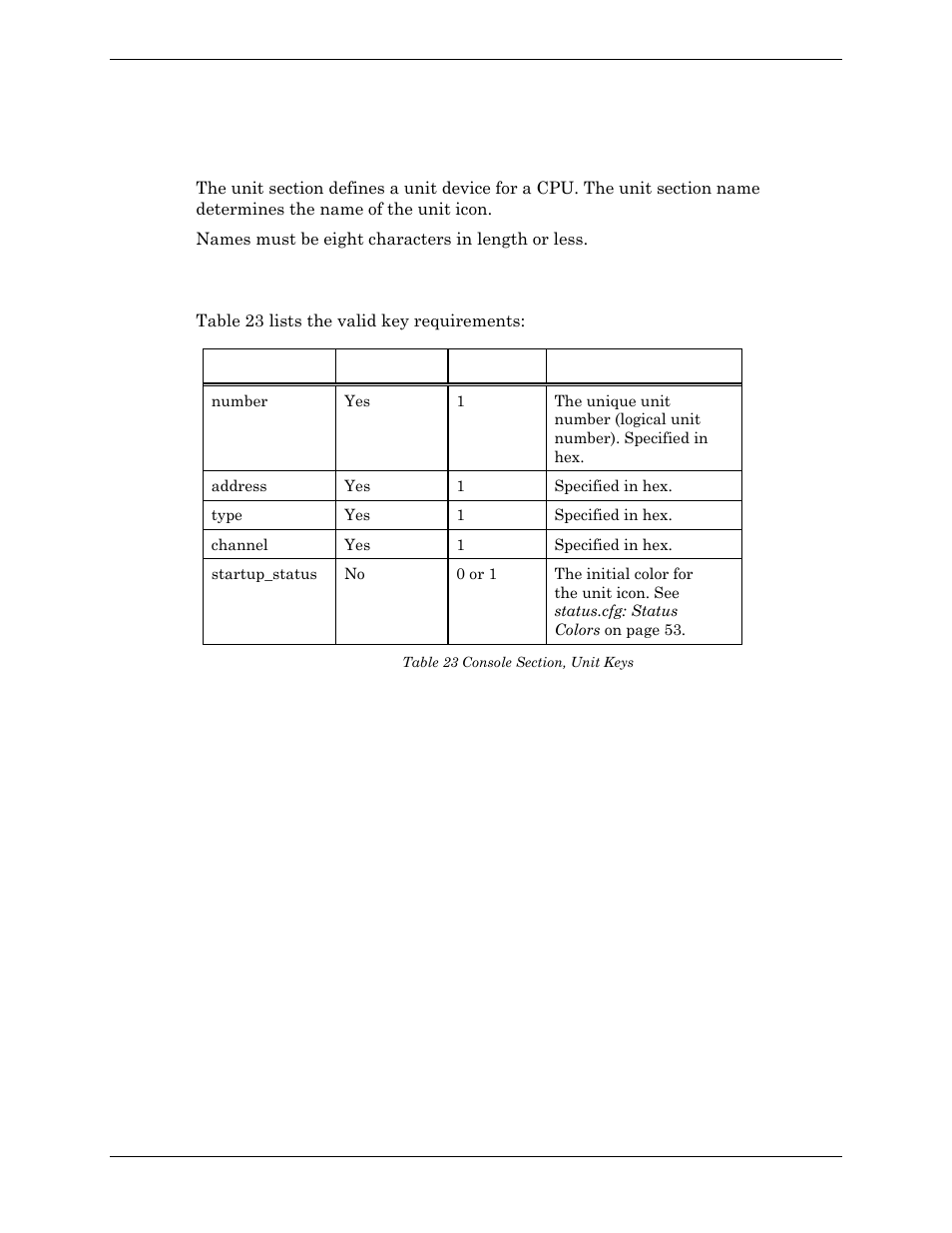 Unit section, Valid keys, Example | Valid keys example, Table 23 console section, unit keys | Visara Master Console Center Administration Guide User Manual | Page 101 / 233