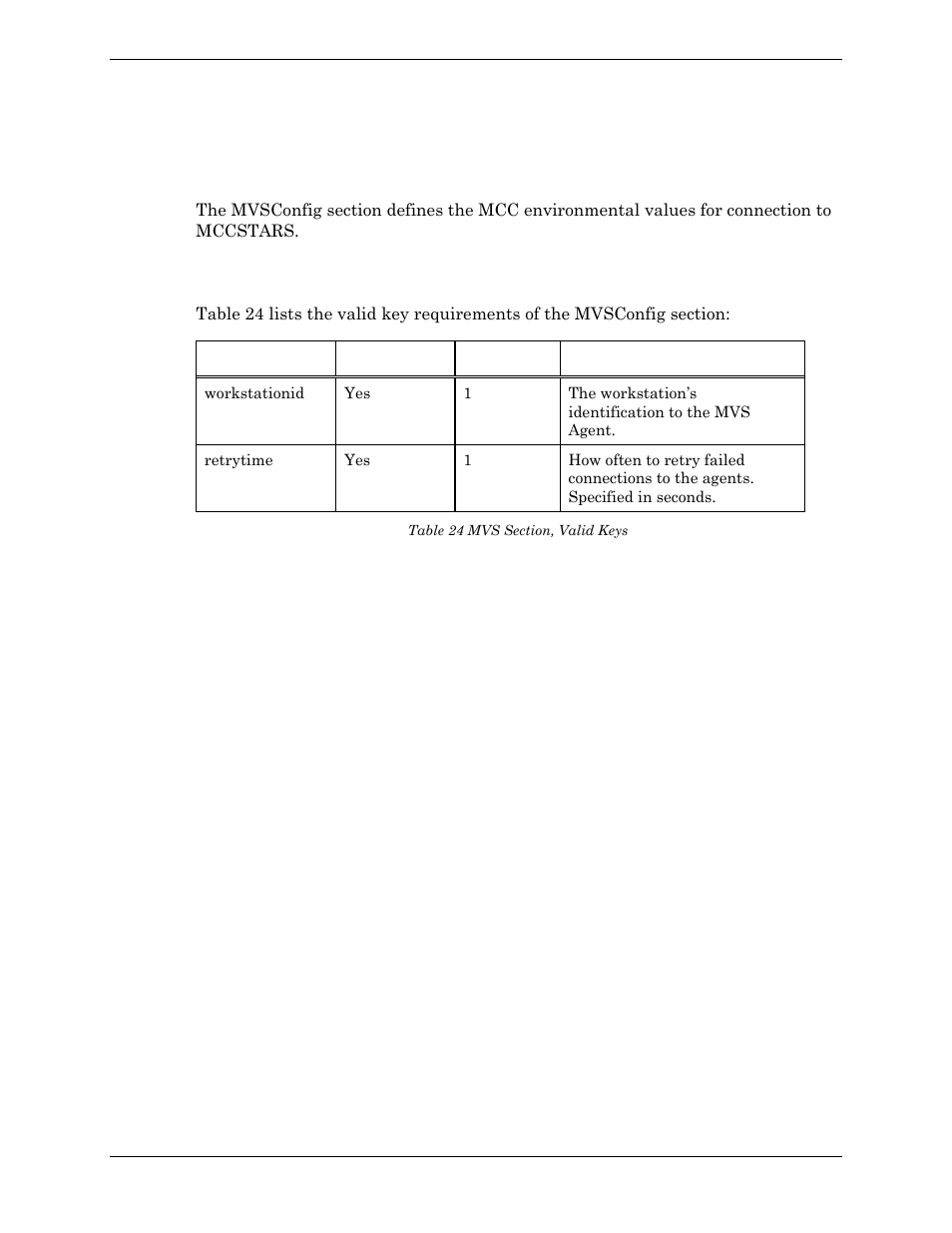 Mvs configuration, Valid keys, Table 24 mvs section, valid keys | Visara Master Console Center Administration Guide User Manual | Page 102 / 233