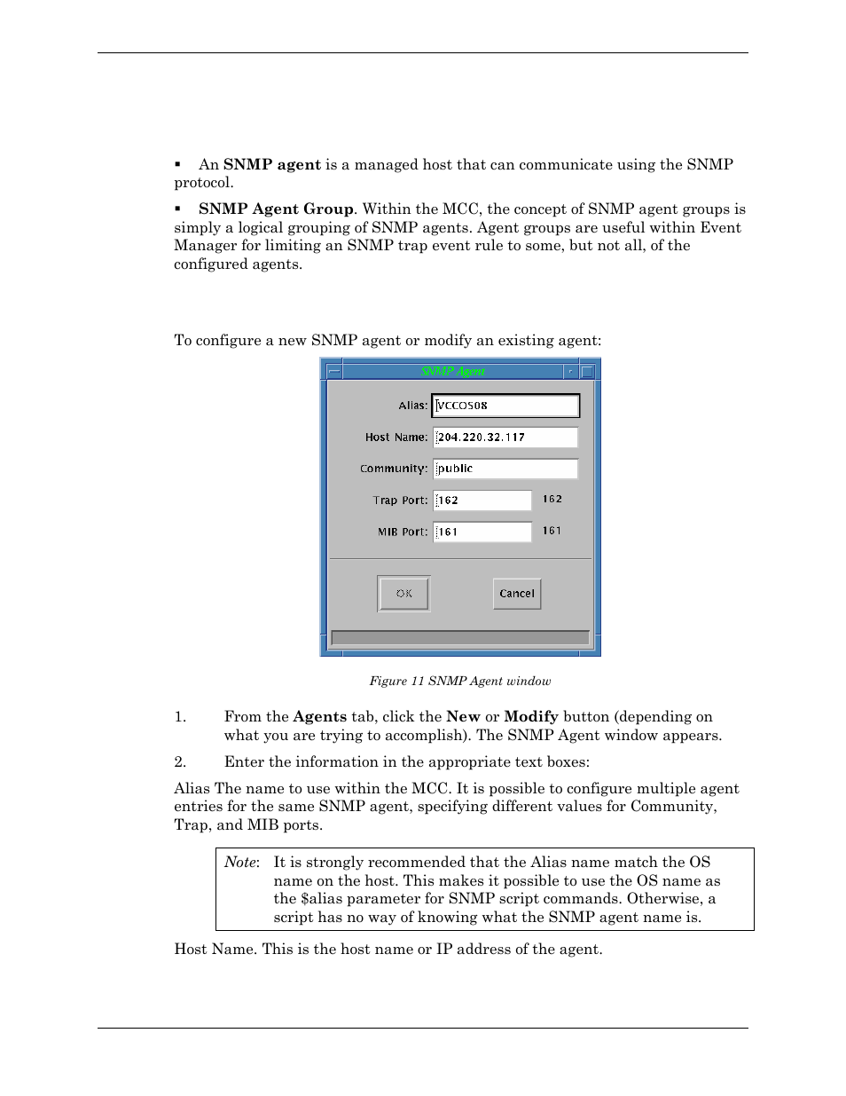 Definitions, Configuring an snmp agent, Figure 11 snmp agent window | Visara Master Console Center Administration Guide User Manual | Page 111 / 233