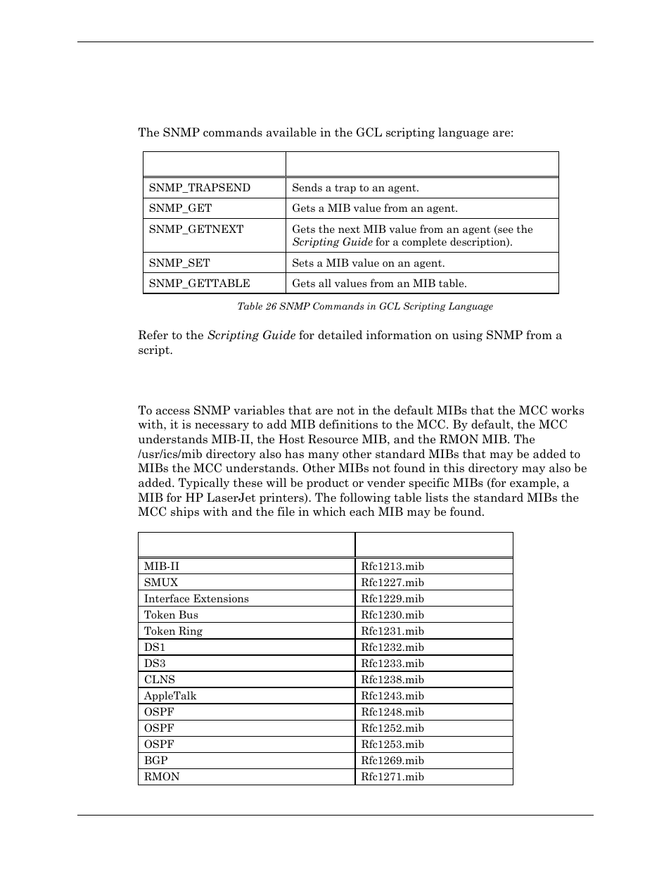 Using snmp from scripts, Mibs available with the mcc, Table 26 snmp commands in gcl scripting language | Visara Master Console Center Administration Guide User Manual | Page 115 / 233