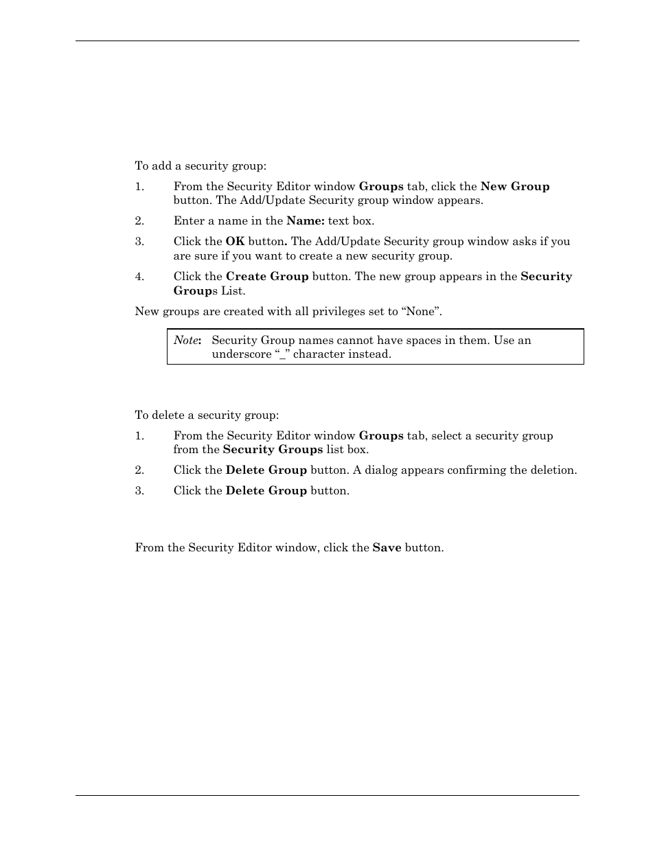 Group security, Adding security groups, Deleting security groups | Saving changes to group privileges | Visara Master Console Center Administration Guide User Manual | Page 123 / 233