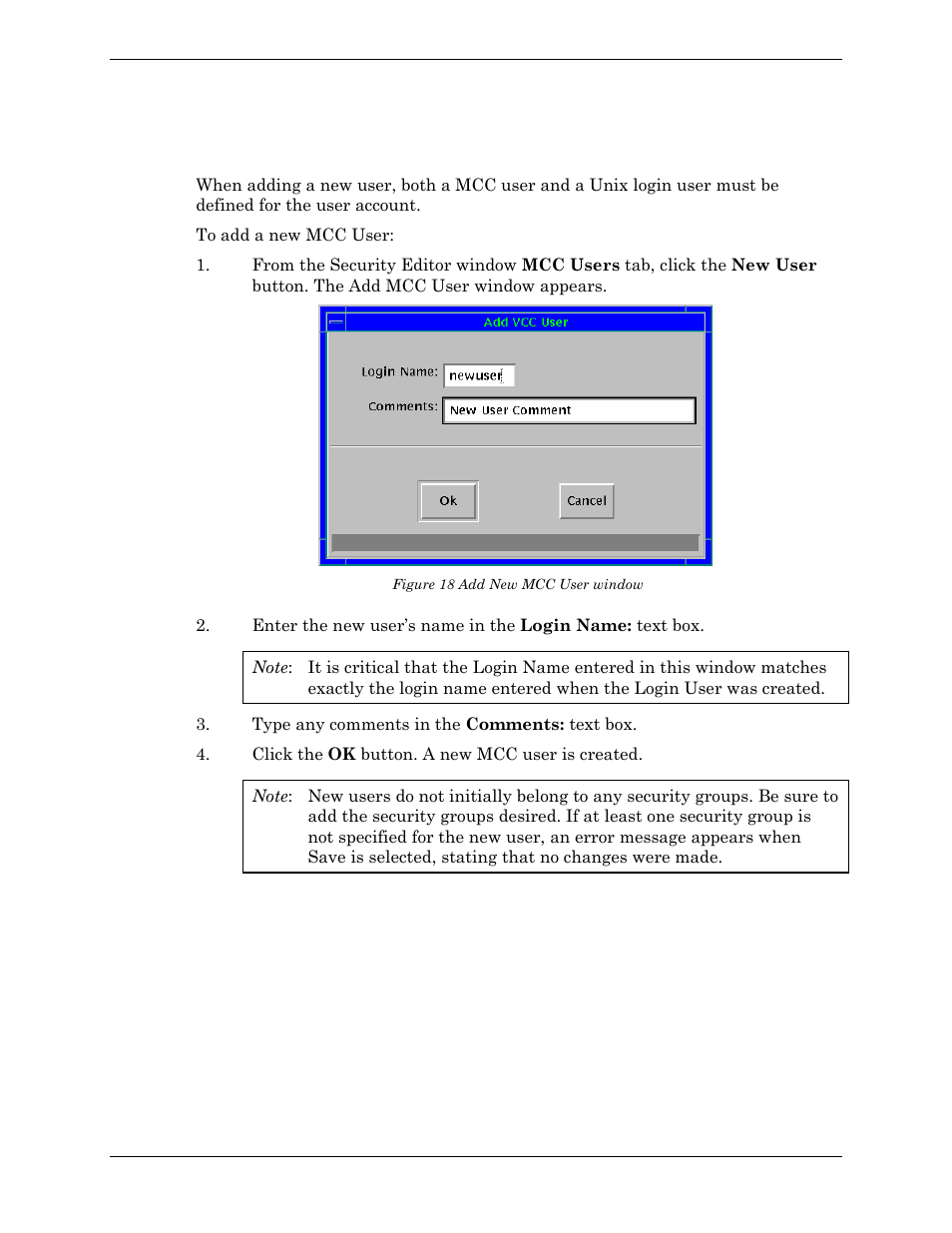 Creating a new mcc user, Figure 18 add new mcc user window | Visara Master Console Center Administration Guide User Manual | Page 128 / 233