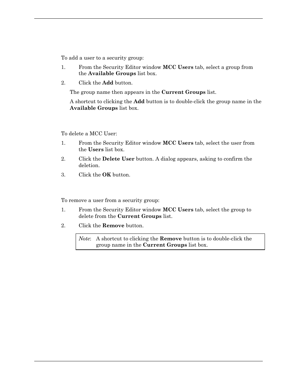 Adding a mcc user to a security group, Deleting a mcc user, Removing a mcc user from a security group | Visara Master Console Center Administration Guide User Manual | Page 129 / 233