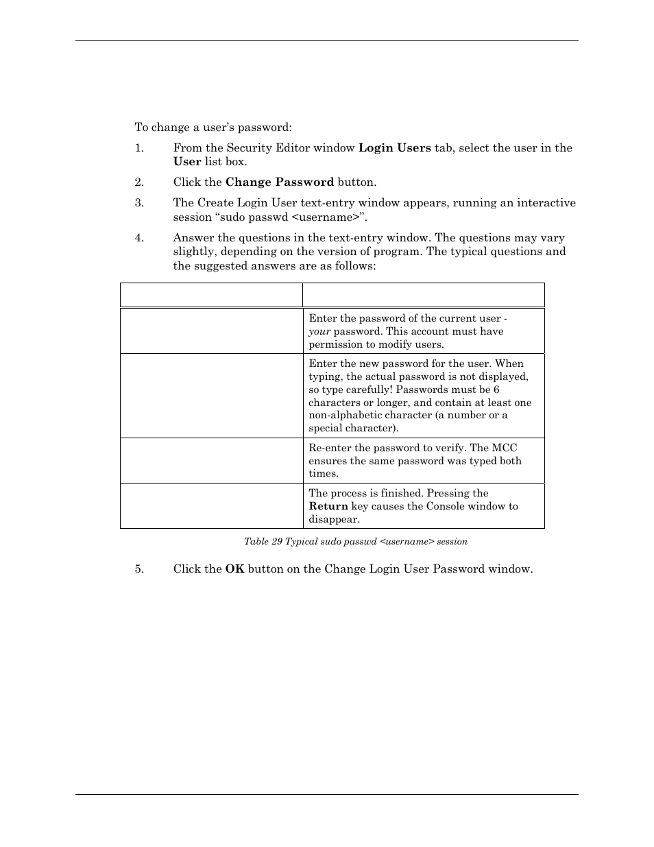 Changing a login user’s password, Table 29 typical sudo passwd <username> session | Visara Master Console Center Administration Guide User Manual | Page 135 / 233