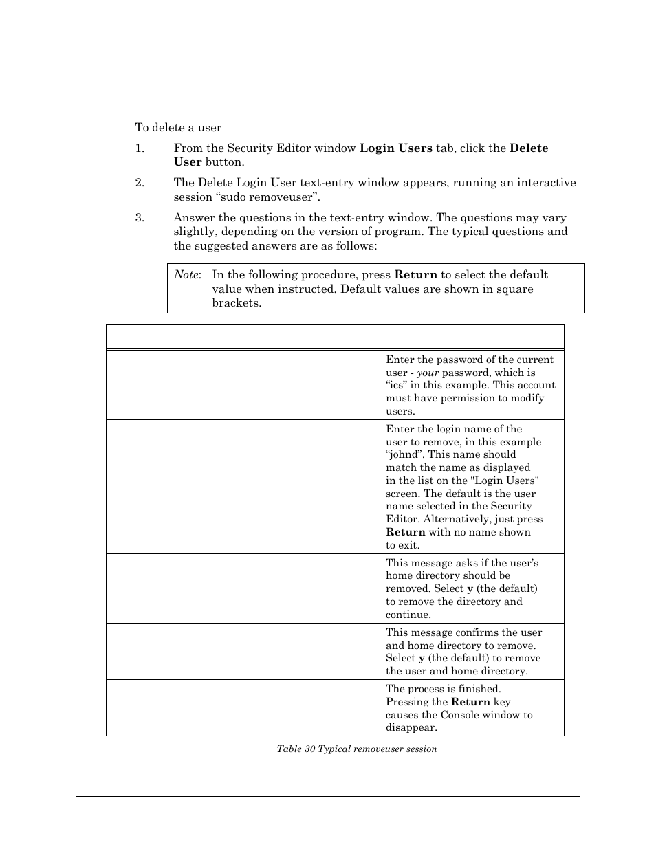 Deleting a login user, Table 30 typical removeuser session | Visara Master Console Center Administration Guide User Manual | Page 136 / 233