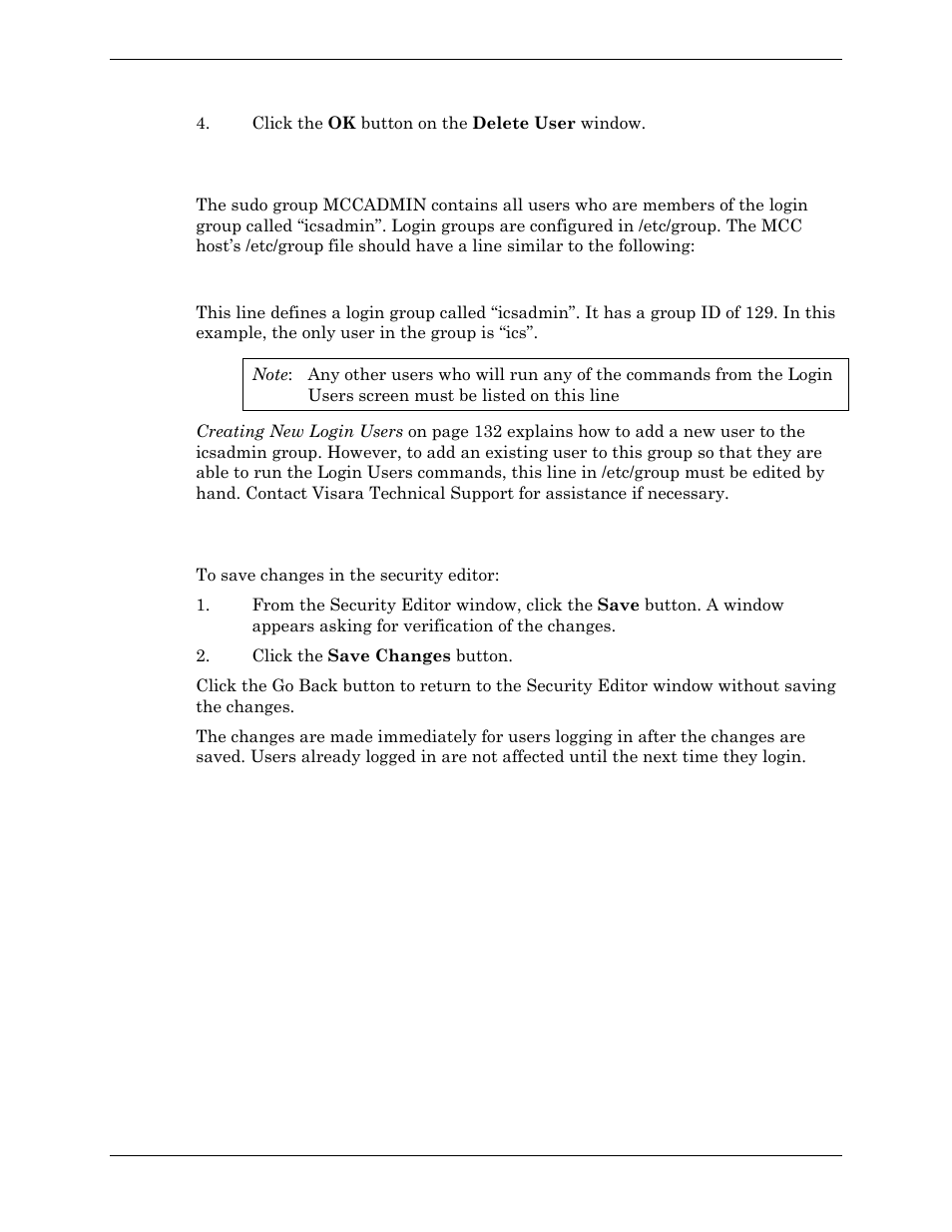 Configuring login groups, Saving changes in the security editor | Visara Master Console Center Administration Guide User Manual | Page 137 / 233