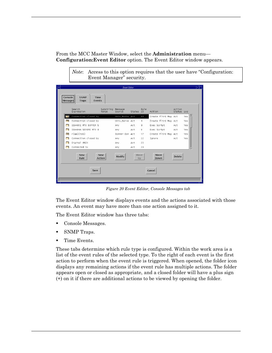 Editing events, Figure 20 event editor, console messages tab | Visara Master Console Center Administration Guide User Manual | Page 142 / 233