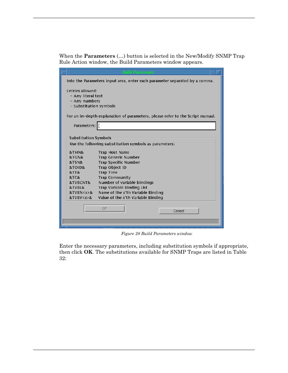 Building snmp trap action rule parameters, Figure 28 build parameters window | Visara Master Console Center Administration Guide User Manual | Page 156 / 233