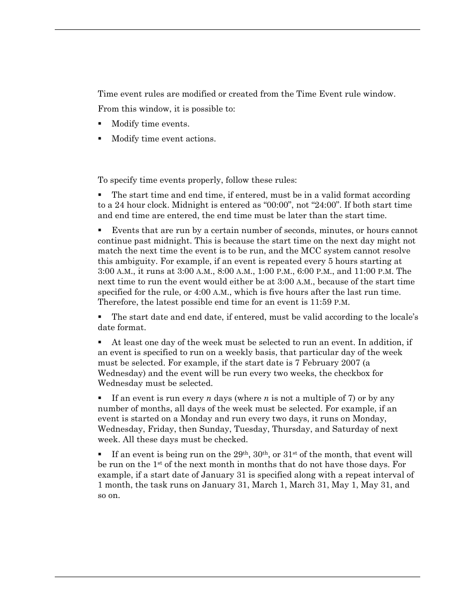 Time event rules, Time event specification requirements | Visara Master Console Center Administration Guide User Manual | Page 158 / 233