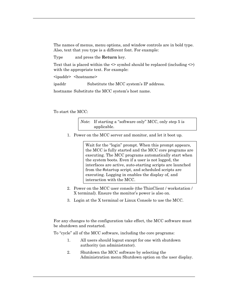 Manual conventions, Starting the mcc, Restarting the mcc software | Visara Master Console Center Administration Guide User Manual | Page 16 / 233