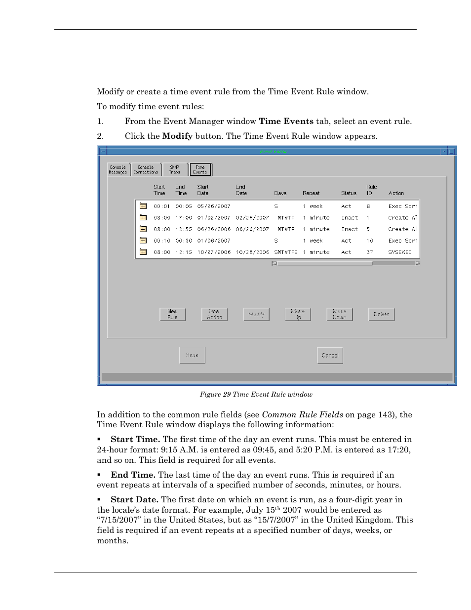 Modifying time event rules, Figure 29 time event rule window | Visara Master Console Center Administration Guide User Manual | Page 160 / 233