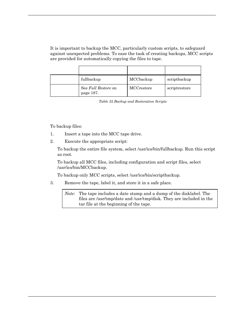 Overview, Backing up files, Overview backing up files | Table 35 backup and restoration scripts | Visara Master Console Center Administration Guide User Manual | Page 186 / 233