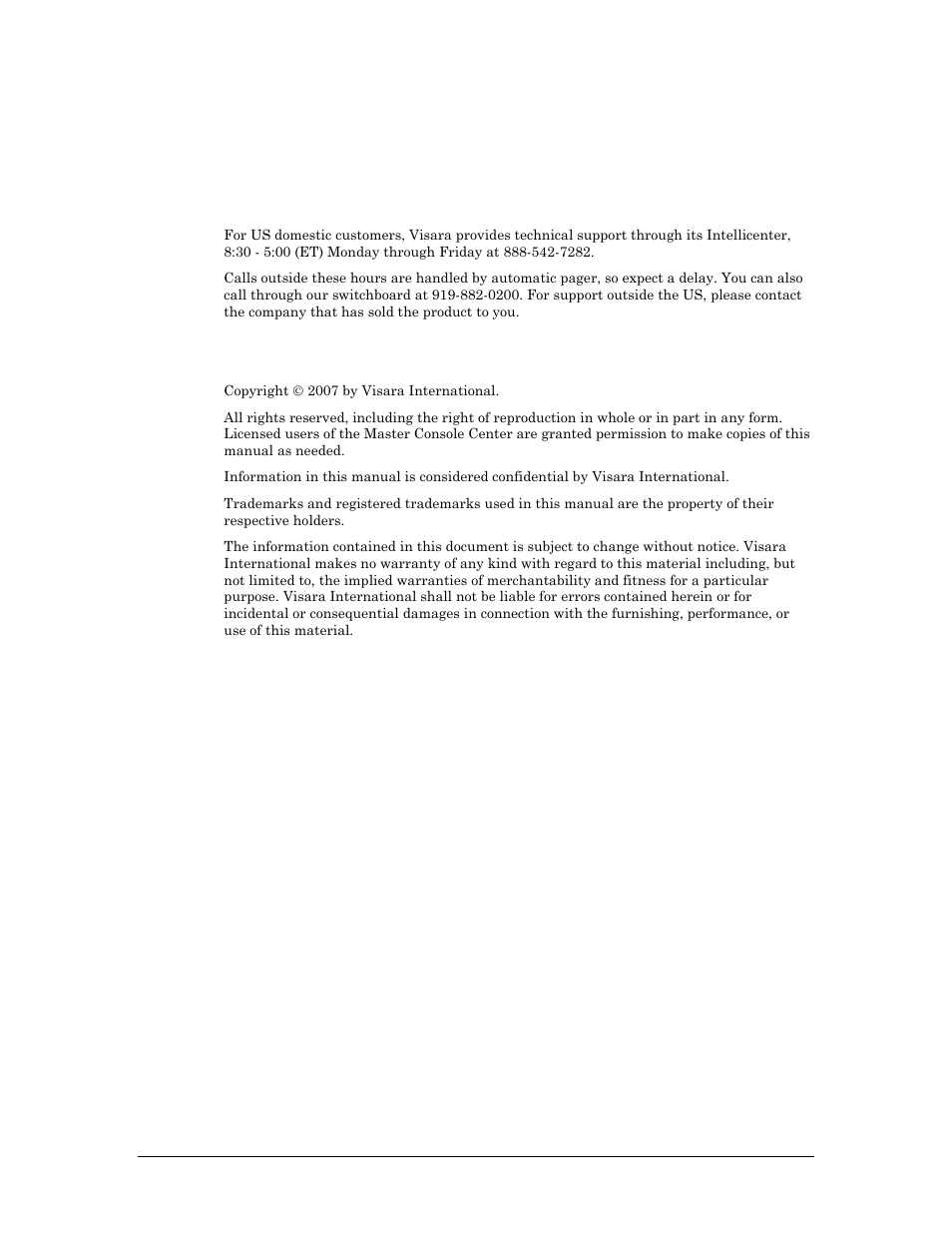 Technical support, Contacting the visara intellicenter, Notices | Visara Master Console Center Administration Guide User Manual | Page 2 / 233