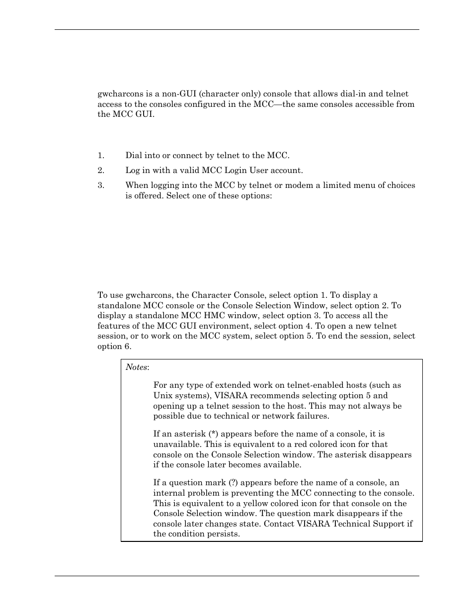 Gwcharcons: remote console access, Starting gwcharcons | Visara Master Console Center Administration Guide User Manual | Page 201 / 233