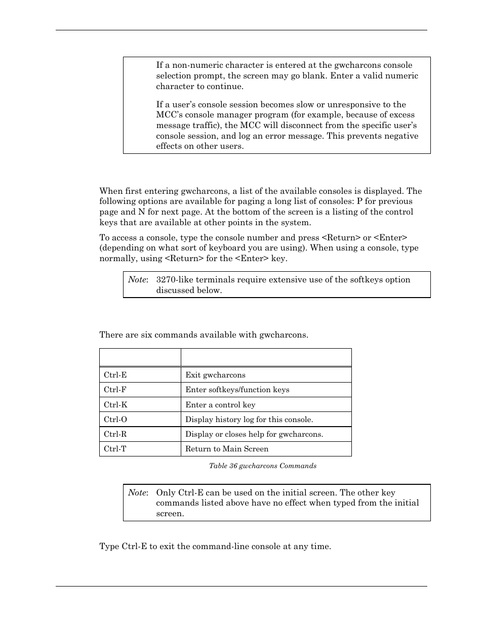 Using gwcharcons, Commands for gwcharcons, Ctrl-e: exit gwcharcons | Using gwcharcons commands for gwcharcons, Table 36 gwcharcons commands | Visara Master Console Center Administration Guide User Manual | Page 202 / 233