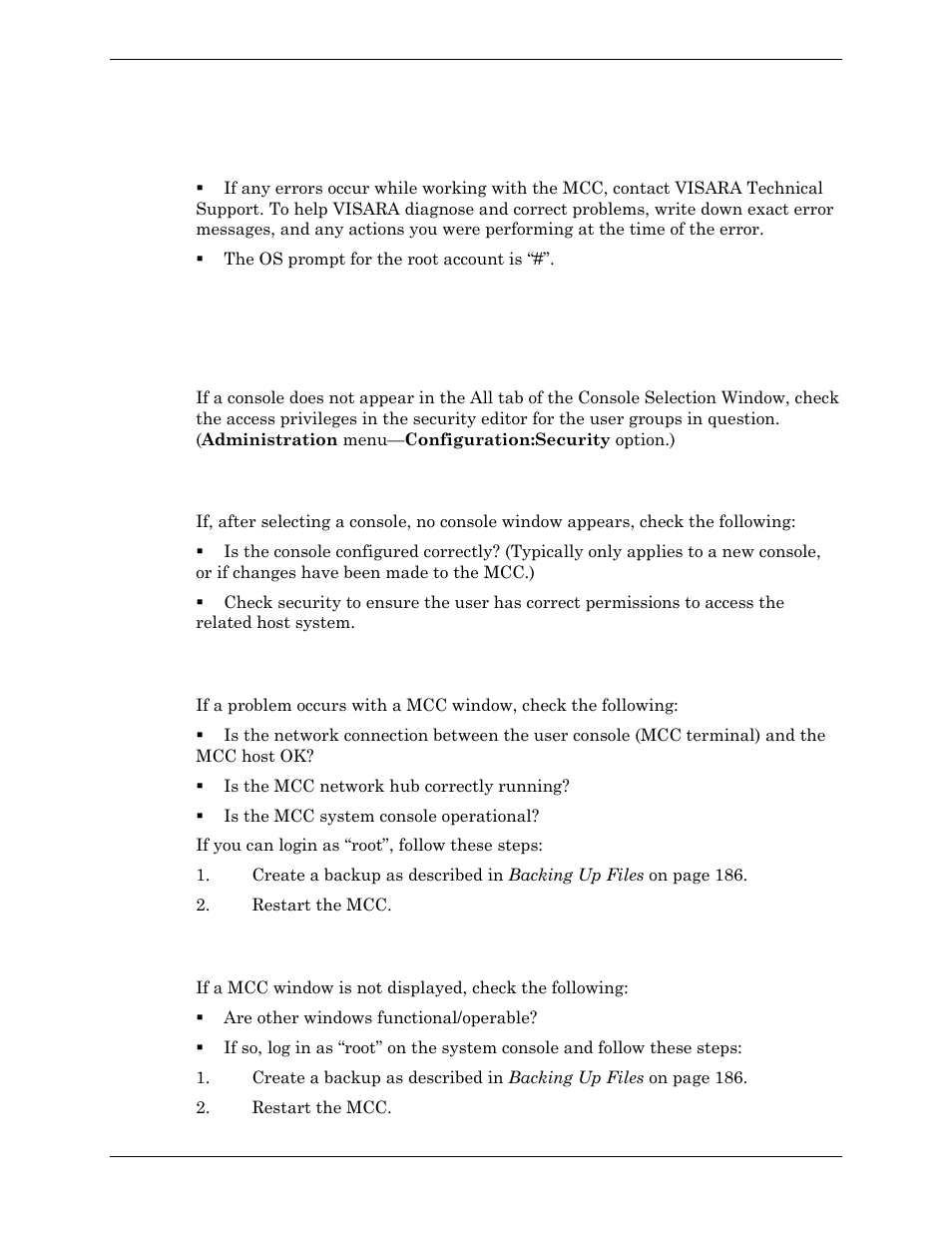 General information, Problems, Console selection window does not appear | Console does not appear, Window appears non-functional/non-operable, Window does not appear/has disappeared, General information problems | Visara Master Console Center Administration Guide User Manual | Page 206 / 233