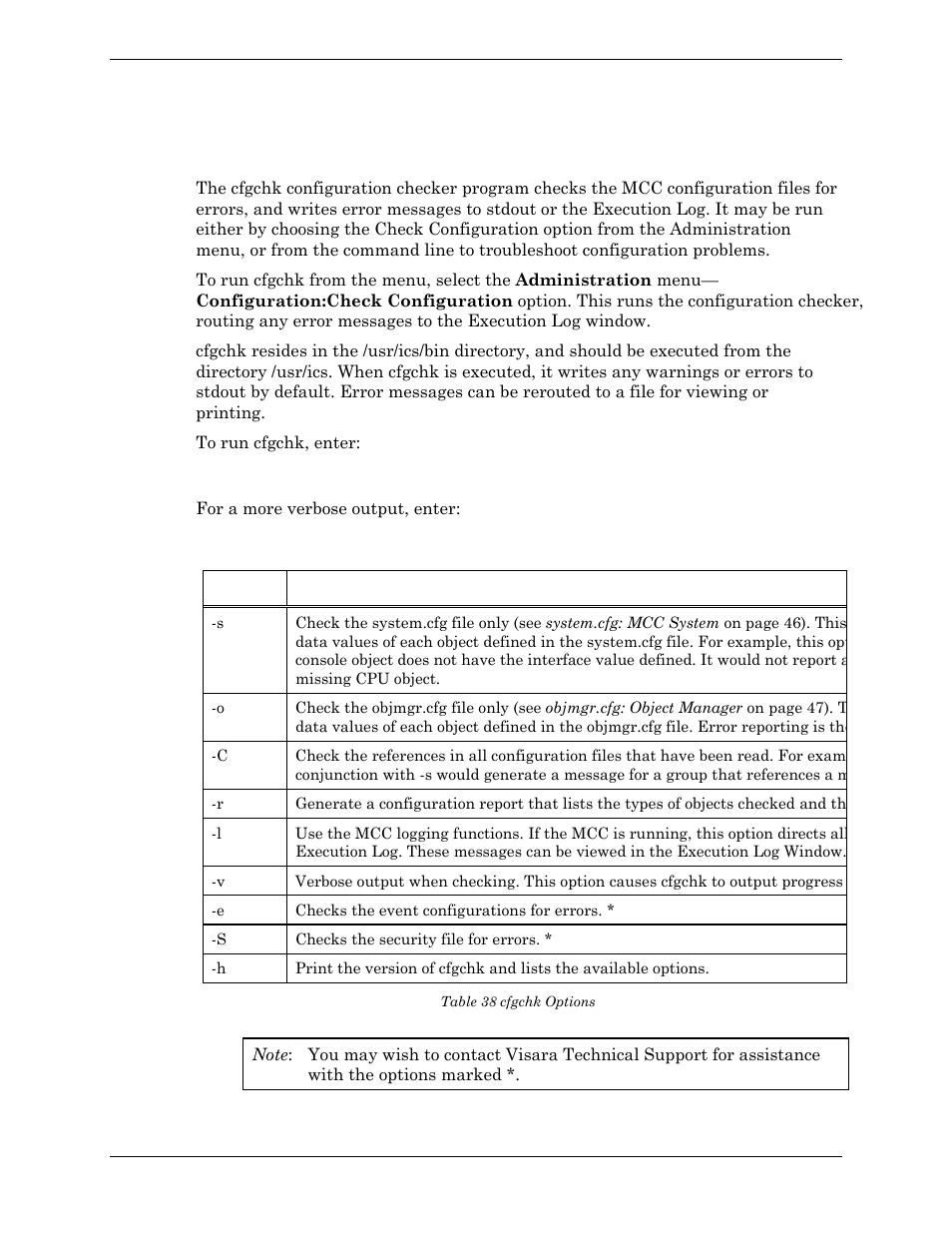 Cfgchk program, Table 38 cfgchk options | Visara Master Console Center Administration Guide User Manual | Page 210 / 233