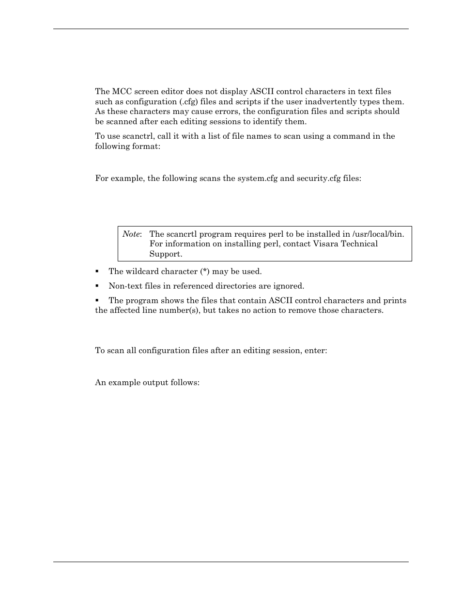 Scanning text files for ascii control characters, Scanning the configuration files | Visara Master Console Center Administration Guide User Manual | Page 211 / 233