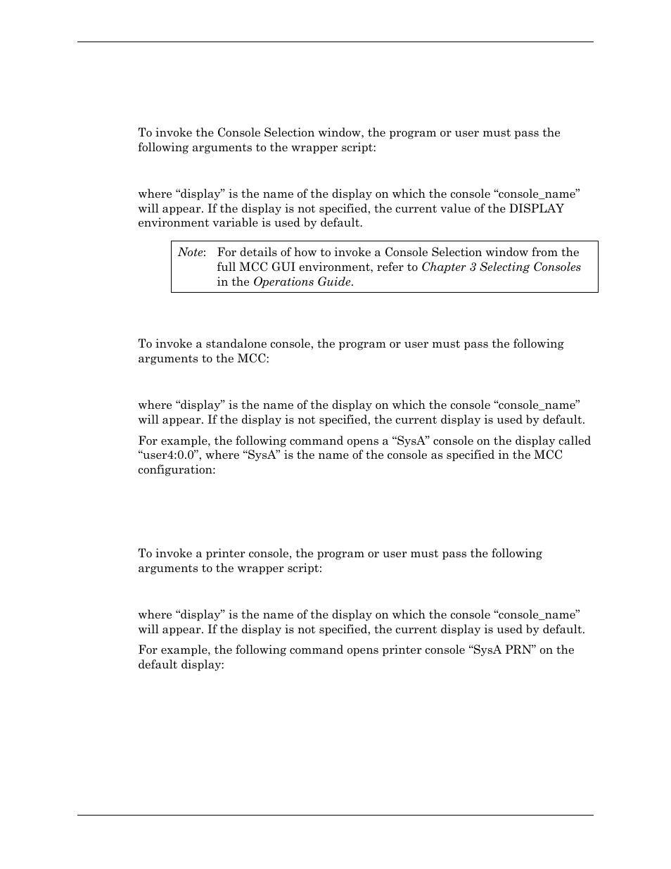 Launching a display of console selection window, To display a standalone console, To display a printer console | Visara Master Console Center Administration Guide User Manual | Page 216 / 233