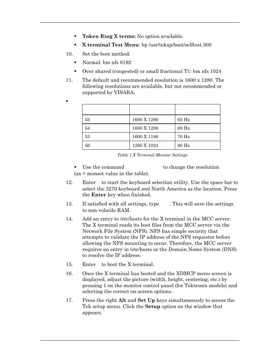 Table 1 x terminal monitor settings | Visara Master Console Center Administration Guide User Manual | Page 27 / 233