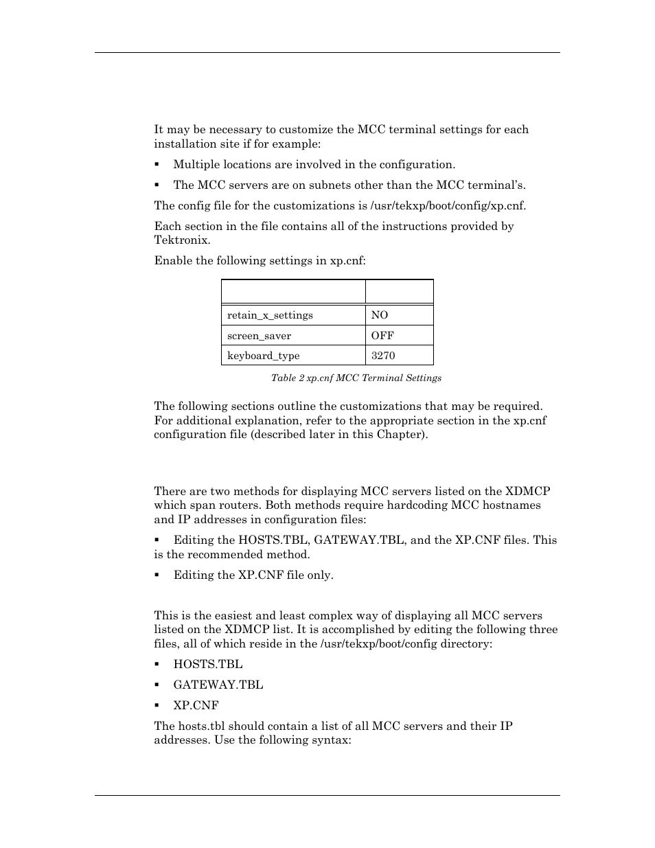 Customizing the mcc terminal, Displaying hosts on an xdmcp menu through a router, Recommended method | Table 2 xp.cnf mcc terminal settings | Visara Master Console Center Administration Guide User Manual | Page 29 / 233