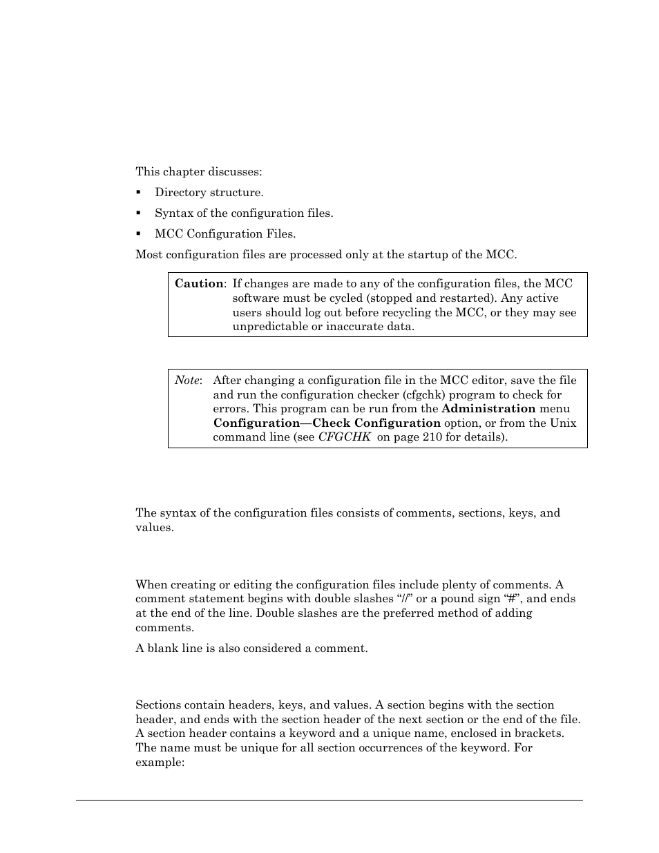 Chapter 4 mcc configuration file management, Syntax of configuration files, Comments | Sections, Comments sections, Chapter 4 mcc configuration file management d | Visara Master Console Center Administration Guide User Manual | Page 41 / 233